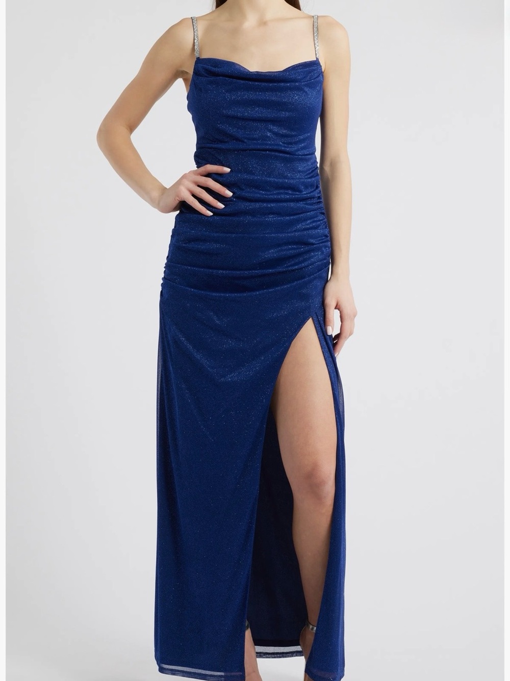Rhinestone Strap Cowl Neck Maxi Dress in Navy